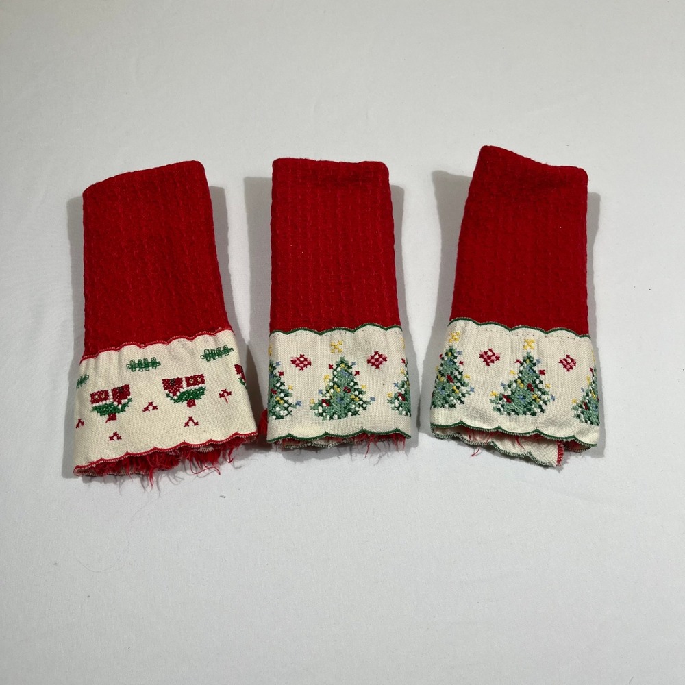 Holiday Hand Towels Red Christmas Waffle Cross Stitch Tree 3pc